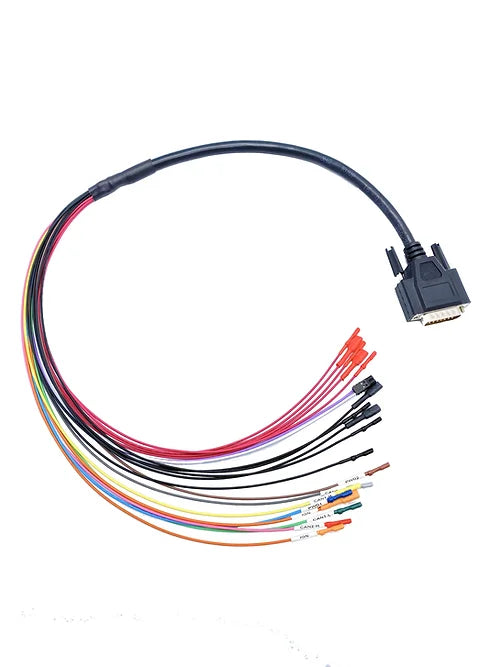 A multicolored Autotuner Standard Breakout Bench Cable with a D-SUB 15 Way Male connector and micro pins, displayed on a white background.