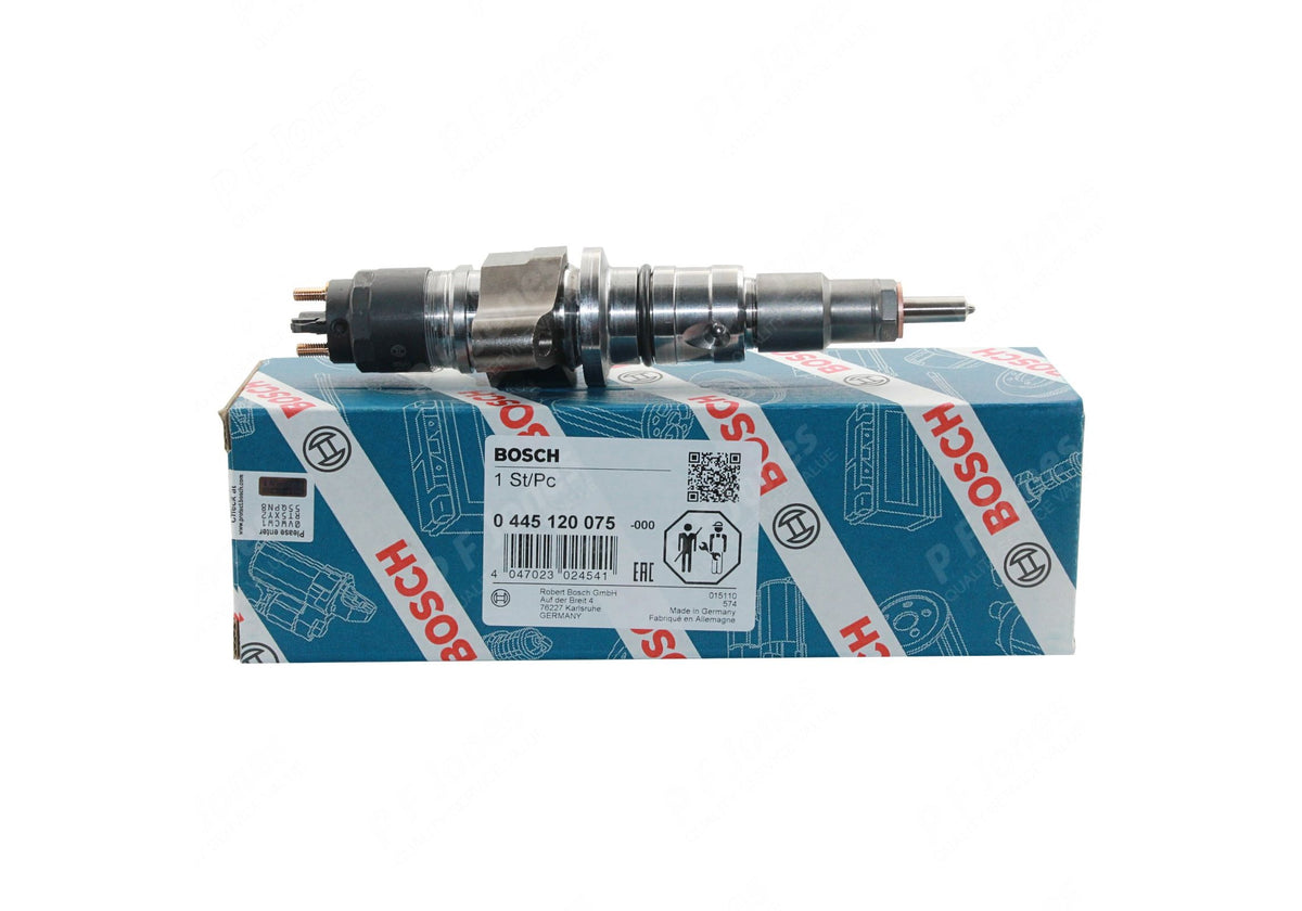 Bosch 0445120075 remanufactured common rail injector for Fiat, Iveco, New Holland, Case IH, OE cross refs 0 986 435 530, 504128307, 2855135.
