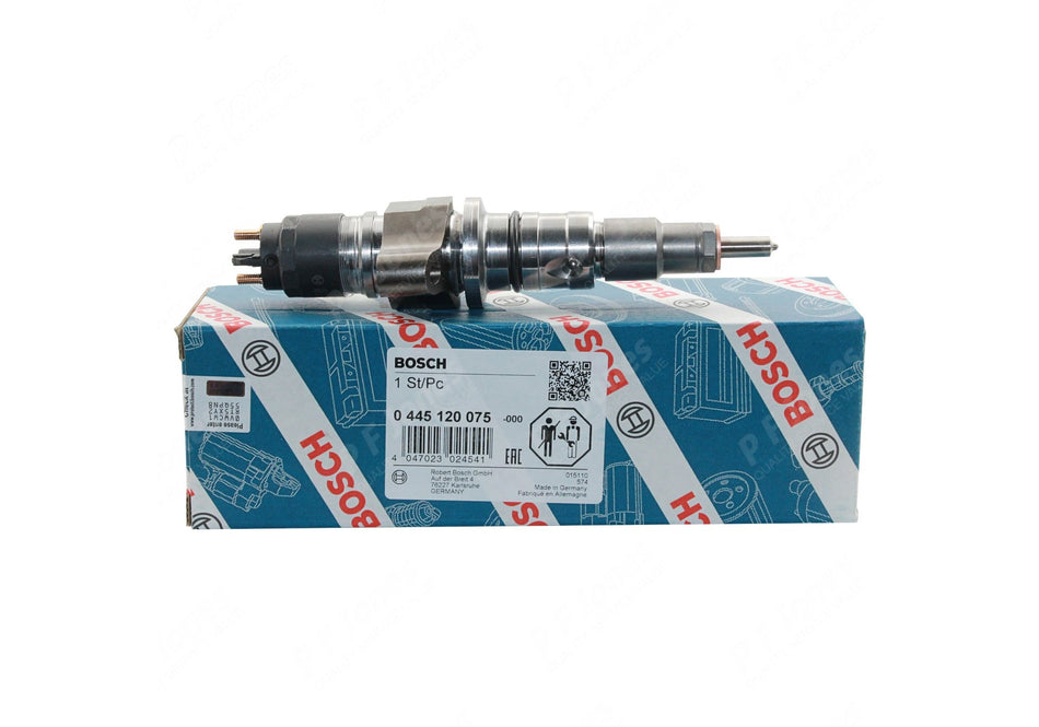 Bosch 0445120075 remanufactured common rail injector for Fiat, Iveco, New Holland, Case IH, OE cross refs 0 986 435 530, 504128307, 2855135.
