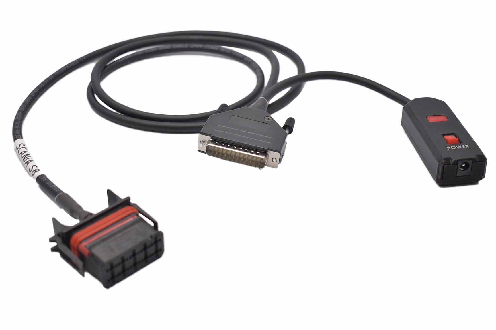 Scania S8 ECU bench programming cable compatible with Dimsport New Genius tool, featuring automotive-grade connectors and breakout leads for professional ECU tuning and diagnostics