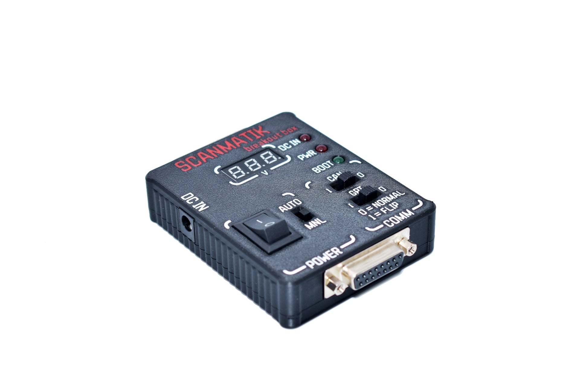 Scanmatik DLX inline ECU TCU diagnostic tool by CreativeOBD, showing DB25 and DB15 connectors, power control, and signal inversion features